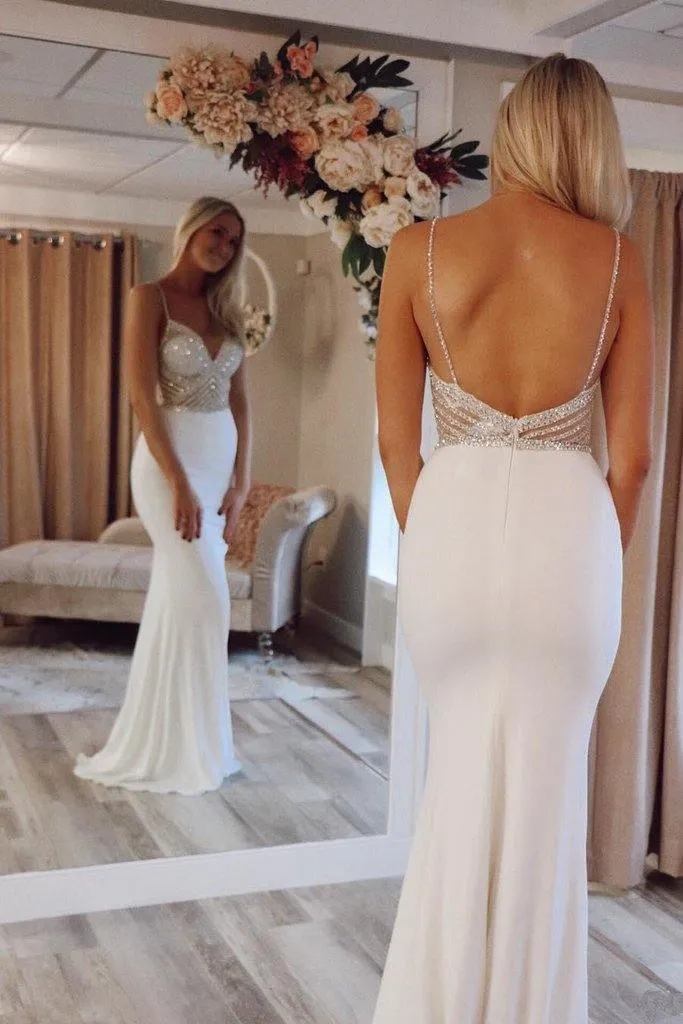 Ivory Mermaid V-Neck Straps Prom Dresses Evening Dresses WIth Beading  TP0983