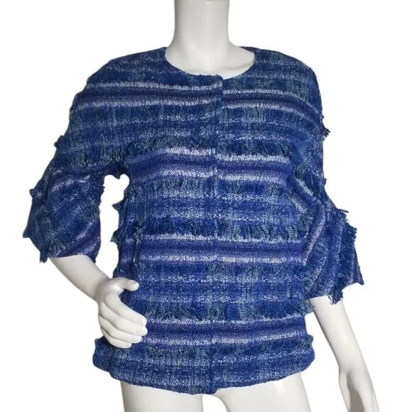 J McLaughlin Womens Size XS Linden Blue Striped Tweed Fringe Bell Sleeve Jacket