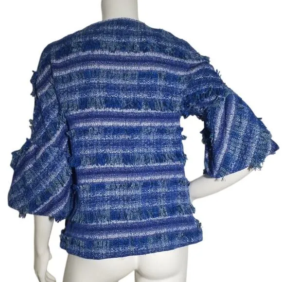 J McLaughlin Womens Size XS Linden Blue Striped Tweed Fringe Bell Sleeve Jacket