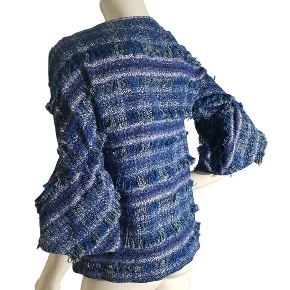 J McLaughlin Womens Size XS Linden Blue Striped Tweed Fringe Bell Sleeve Jacket