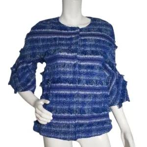 J McLaughlin Womens Size XS Linden Blue Striped Tweed Fringe Bell Sleeve Jacket