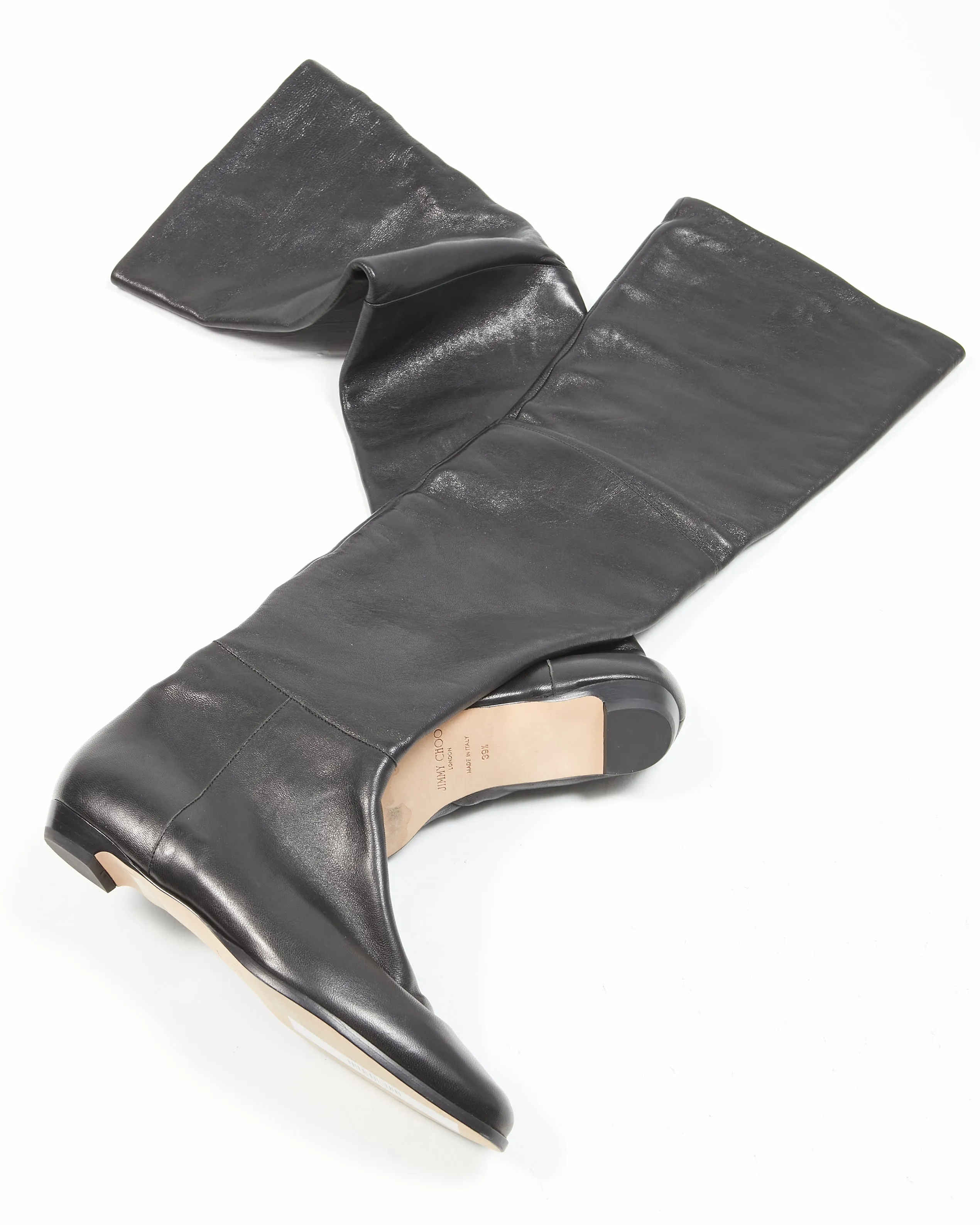 Jimmy Choo Black Leather Over The Knee Flat Boots - 39.5