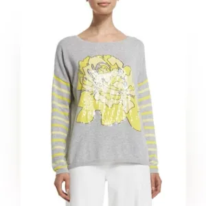 Joan Vass Rose Striped Cotton Sweater Grey Yellow Women’s Size 2X