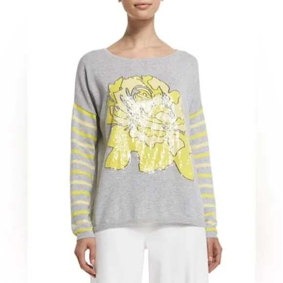 Joan Vass Rose Striped Cotton Sweater Grey Yellow Women’s Size 2X
