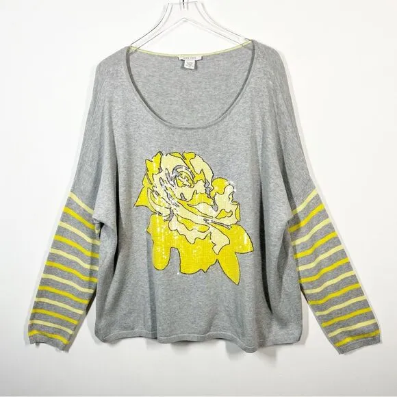 Joan Vass Rose Striped Cotton Sweater Grey Yellow Women’s Size 2X