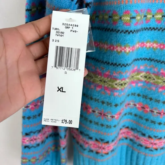 Jones New York women size XL mock neck fair isle sweater 100% lambswool blue NEW