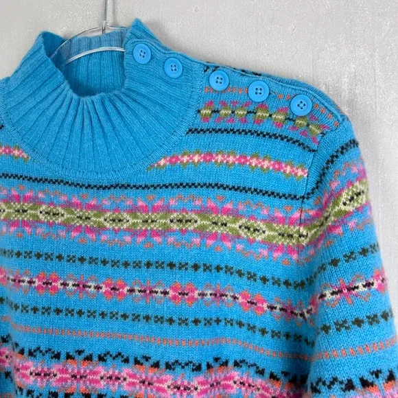 Jones New York women size XL mock neck fair isle sweater 100% lambswool blue NEW