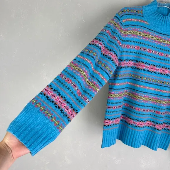 Jones New York women size XL mock neck fair isle sweater 100% lambswool blue NEW