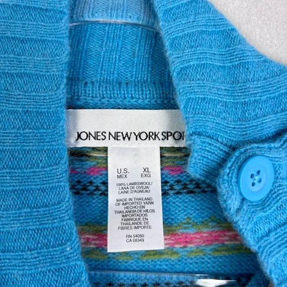 Jones New York women size XL mock neck fair isle sweater 100% lambswool blue NEW