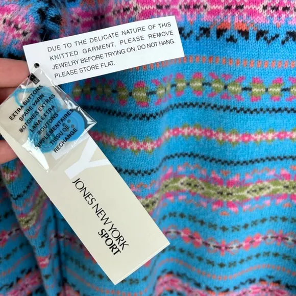 Jones New York women size XL mock neck fair isle sweater 100% lambswool blue NEW