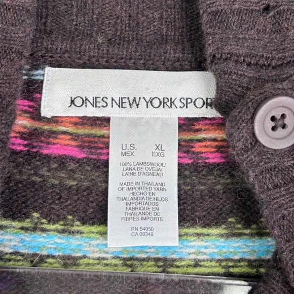 Jones New York women size XL mock neck fair isle sweater 100% lambswool brown