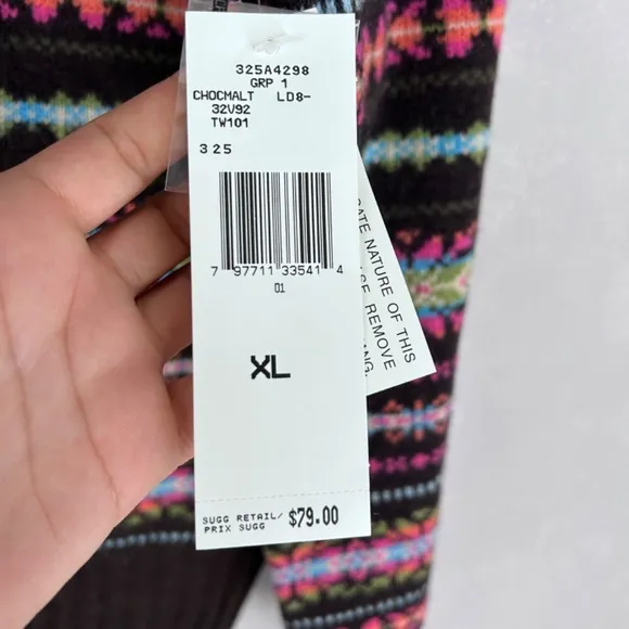 Jones New York women size XL mock neck fair isle sweater 100% lambswool brown