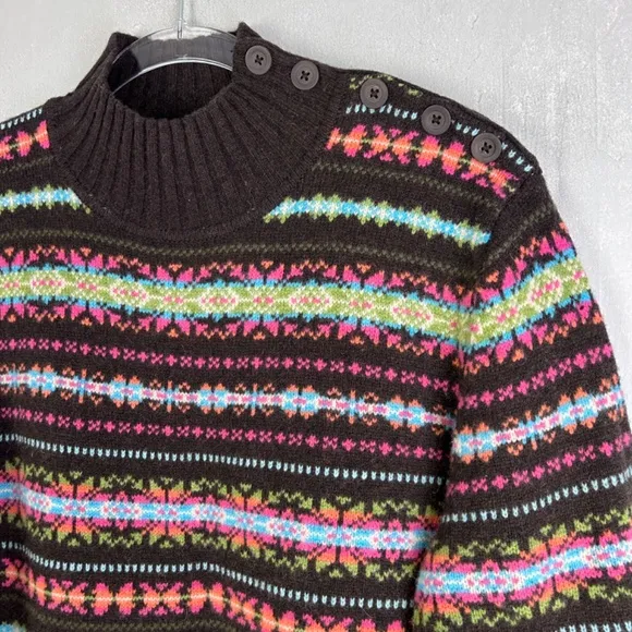 Jones New York women size XL mock neck fair isle sweater 100% lambswool brown