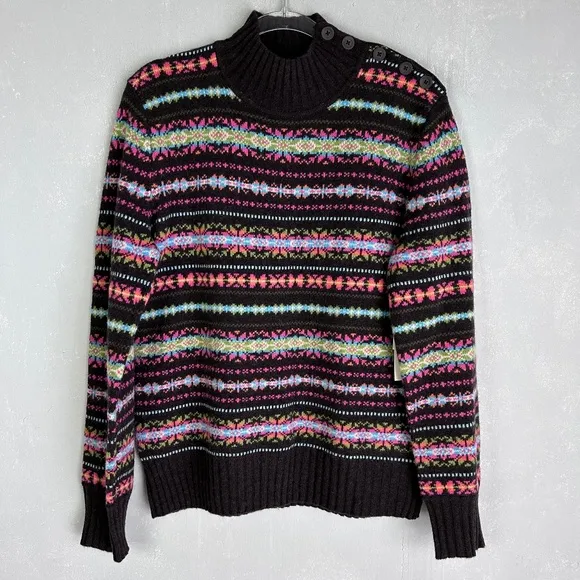 Jones New York women size XL mock neck fair isle sweater 100% lambswool brown