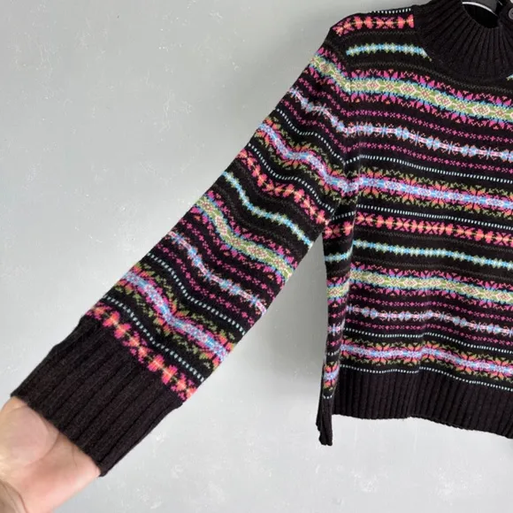 Jones New York women size XL mock neck fair isle sweater 100% lambswool brown