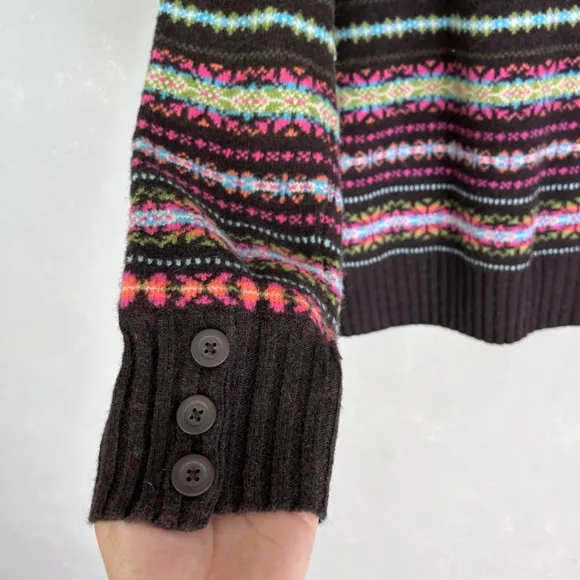 Jones New York women size XL mock neck fair isle sweater 100% lambswool brown