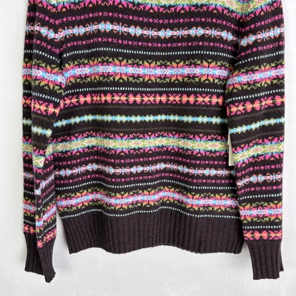 Jones New York women size XL mock neck fair isle sweater 100% lambswool brown
