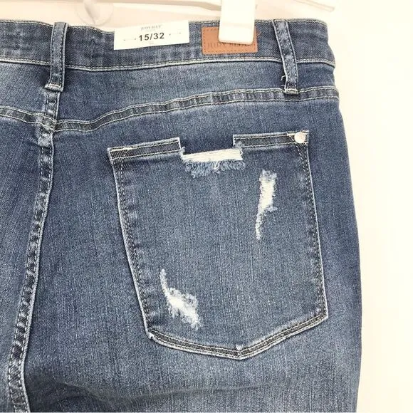 Judy Blue Medium Blue Wash Mid Rise Factory Distressed Skinny Fit Denim Jeans