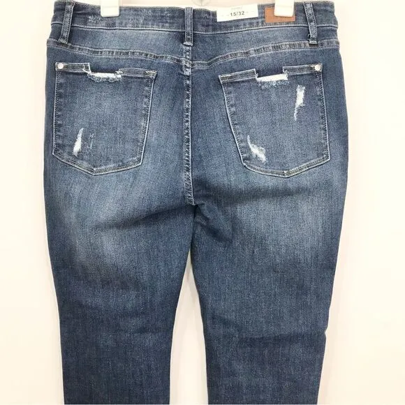 Judy Blue Medium Blue Wash Mid Rise Factory Distressed Skinny Fit Denim Jeans