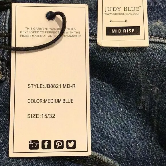 Judy Blue Medium Blue Wash Mid Rise Factory Distressed Skinny Fit Denim Jeans