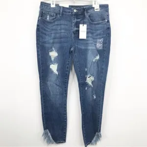 Judy Blue Medium Blue Wash Mid Rise Factory Distressed Skinny Fit Denim Jeans