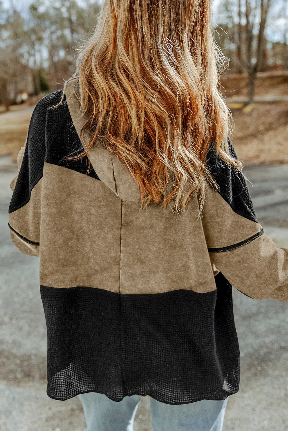 Khaki Waffle Patchwork Vintage Washed Hooded Jacket