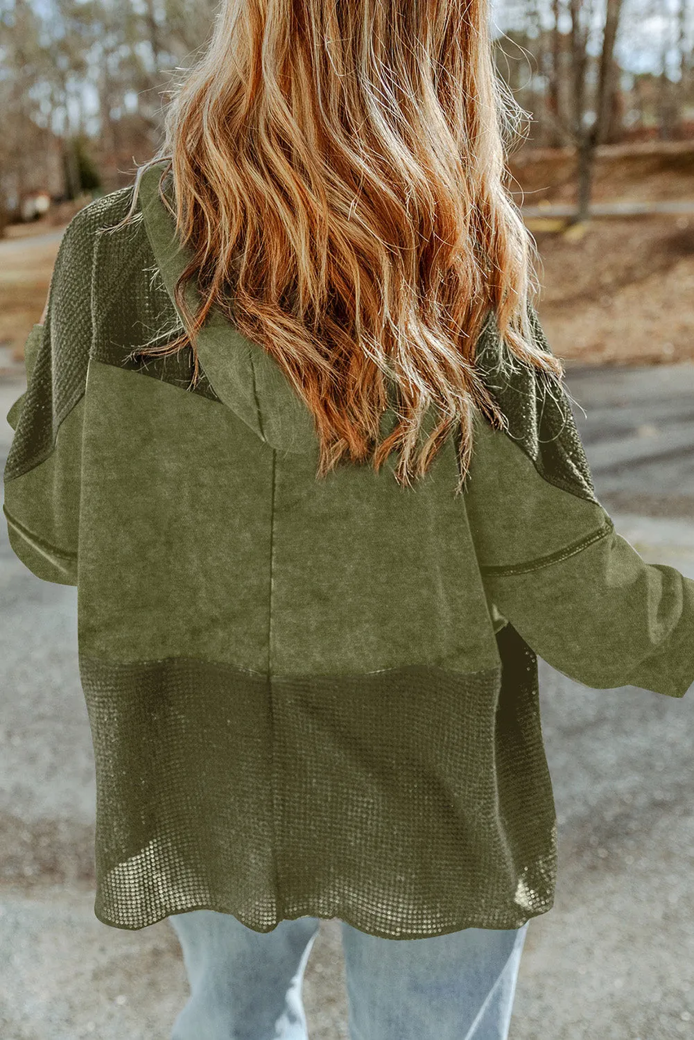 Khaki Waffle Patchwork Vintage Washed Hooded Jacket