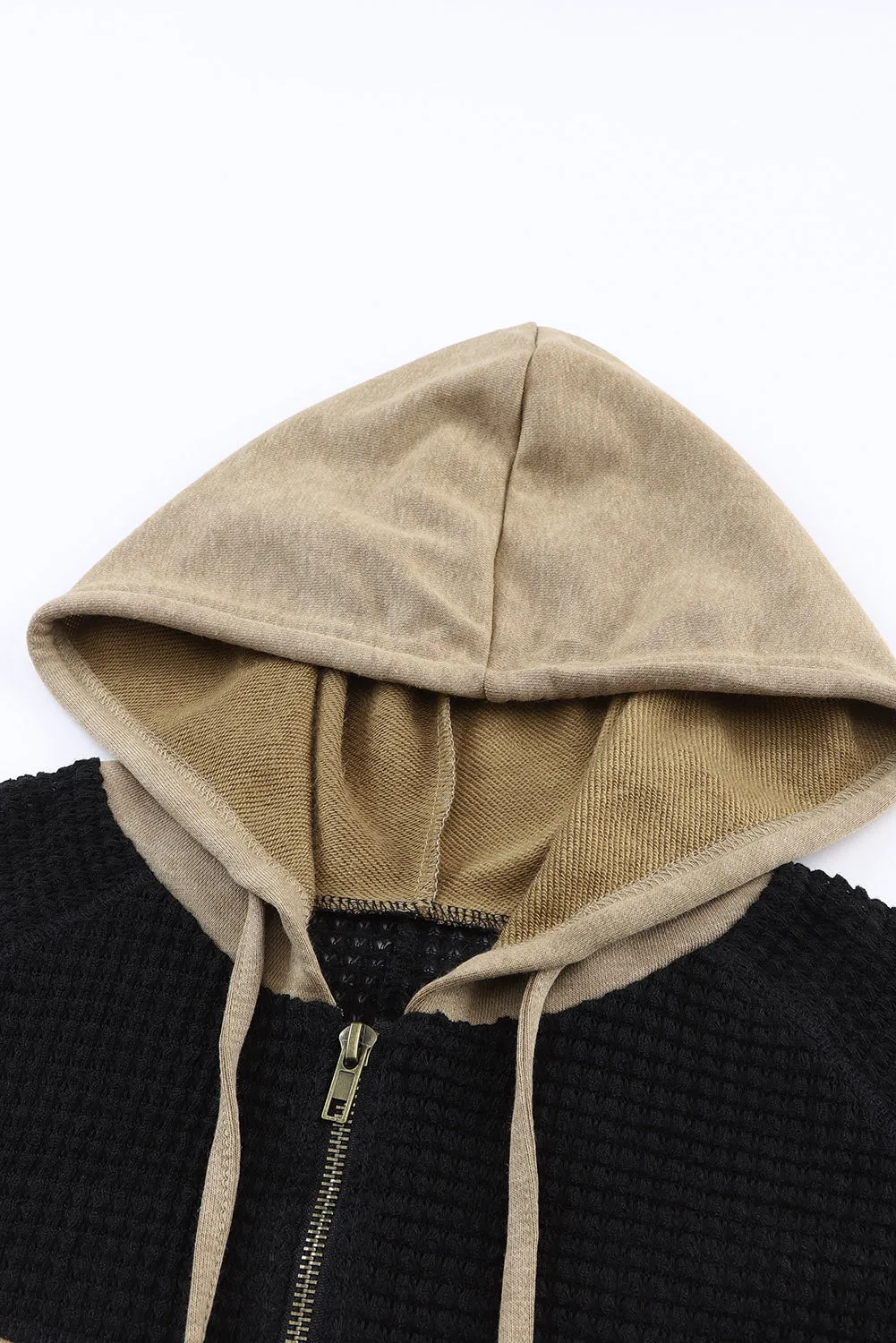 Khaki Waffle Patchwork Vintage Washed Hooded Jacket