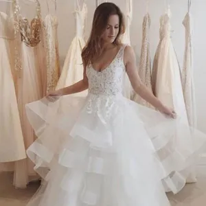 Lace A-Line Organza Wedding Dresses, V-Back Sleeveless Long Wedding Dresses, LB0459