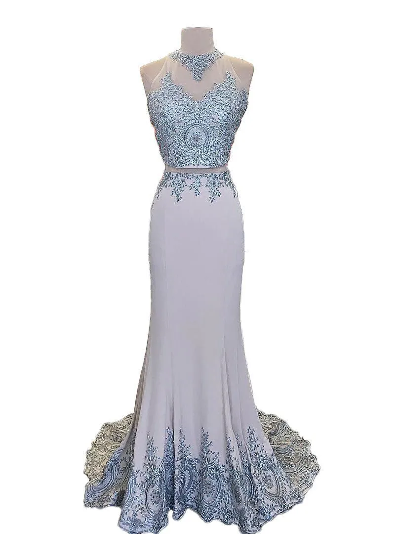 Lace Appliqued 2 Pieces Mermaid Sweep Train Prom Dress,Senior Prom new Dress OK178