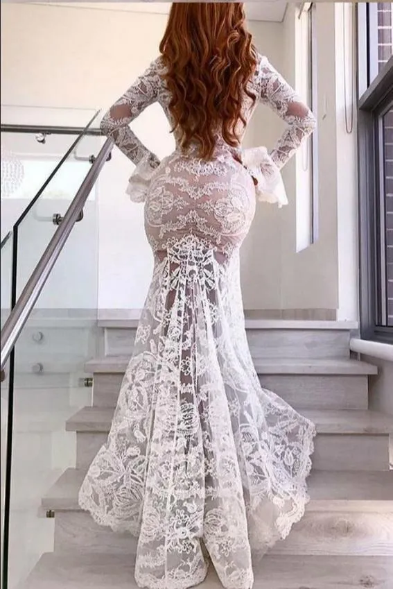 Lace Deep V-Neck Flare Sleeve Mermaid Vintage Maxi Long Dress,SFWD0054