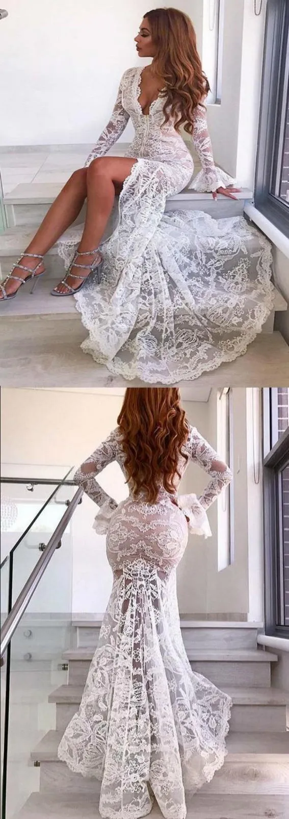 Lace Deep V-Neck Flare Sleeve Mermaid Vintage Maxi Long Dress,SFWD0054
