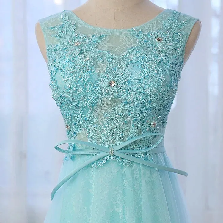 Light Blue Round Neckline Long Lace and Tulle Formal Dresses, Pretty Formal Dresses