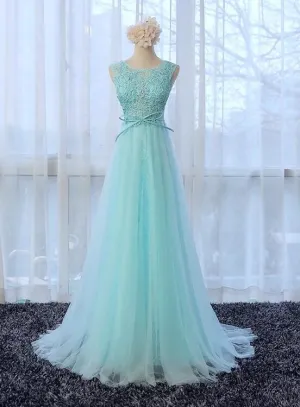 Light Blue Round Neckline Long Lace and Tulle Formal Dresses, Pretty Formal Dresses