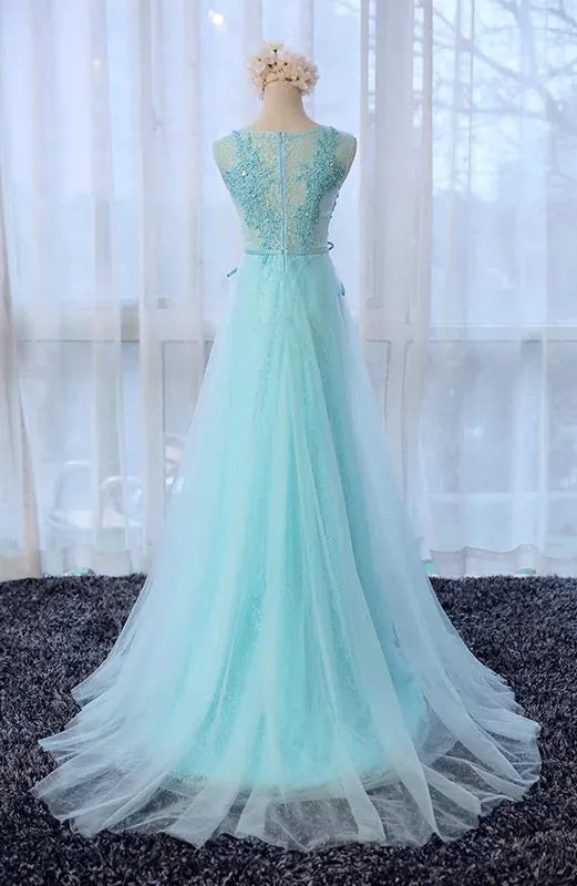 Light Blue Round Neckline Long Lace and Tulle Formal Dresses, Pretty Formal Dresses