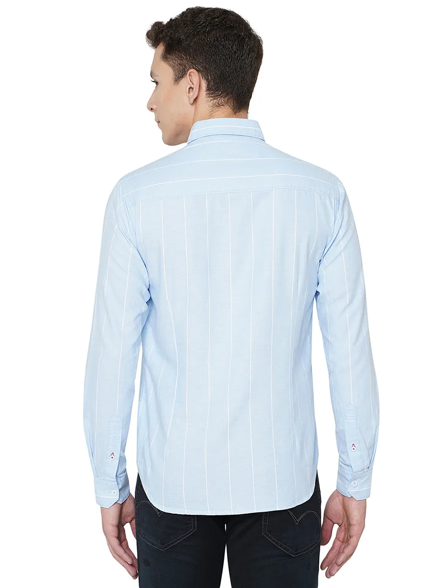 Light Blue Striped Slim Fit Semi Casual Shirt | Greenfibre