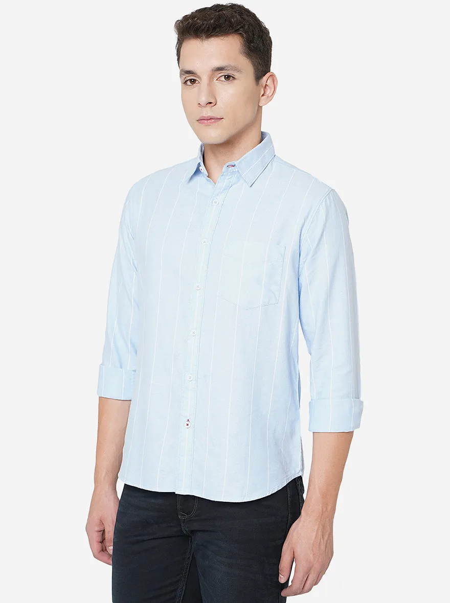 Light Blue Striped Slim Fit Semi Casual Shirt | Greenfibre