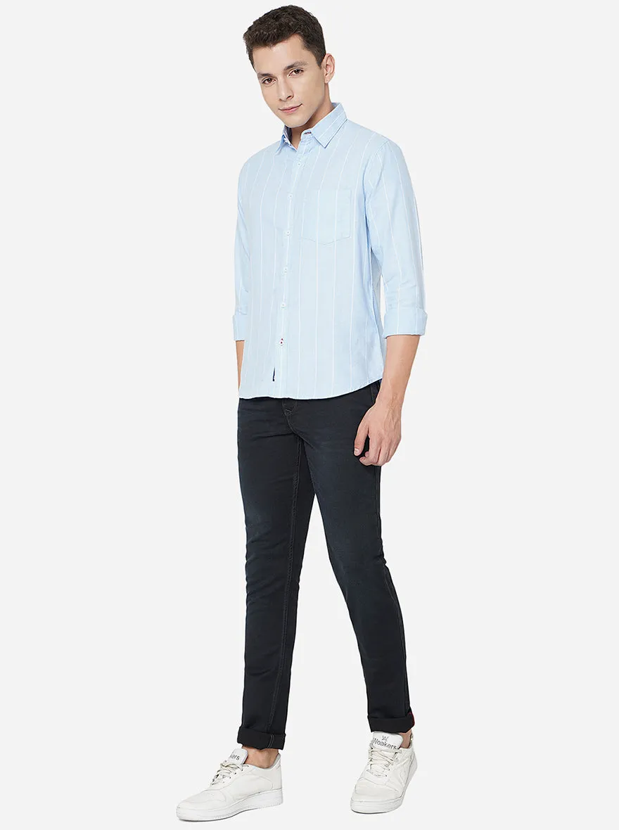 Light Blue Striped Slim Fit Semi Casual Shirt | Greenfibre