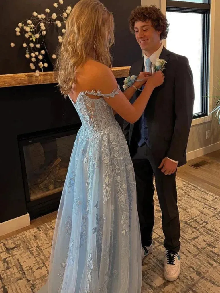 Light Blue Tulle Off Shoulder Long Prom Dresses With Lace Appliques TP1211