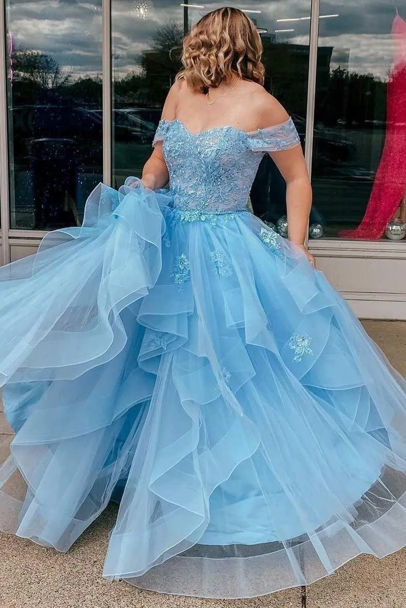 Light Blue Tulle Off-the-Shoulder Tiered A-Line Prom Evening Dress TP1194