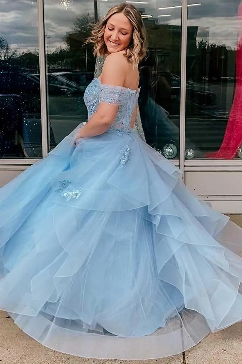 Light Blue Tulle Off-the-Shoulder Tiered A-Line Prom Evening Dress TP1194