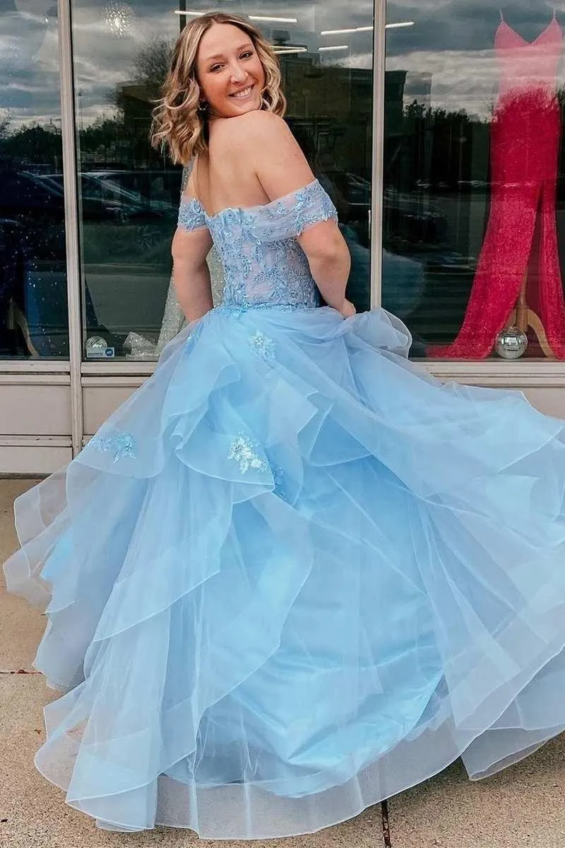 Light Blue Tulle Off-the-Shoulder Tiered A-Line Prom Evening Dress TP1194
