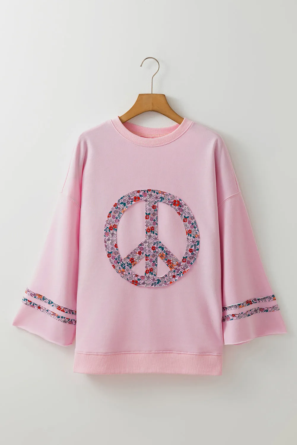 Light Pink Floral Peace Sign Graphic Drop Shoulder Wide Sleeve Casual Top