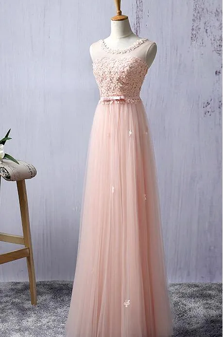 Light Pink Round Neckline Flowers Cute Floor Length Prom Dress, Wedding Party Dress