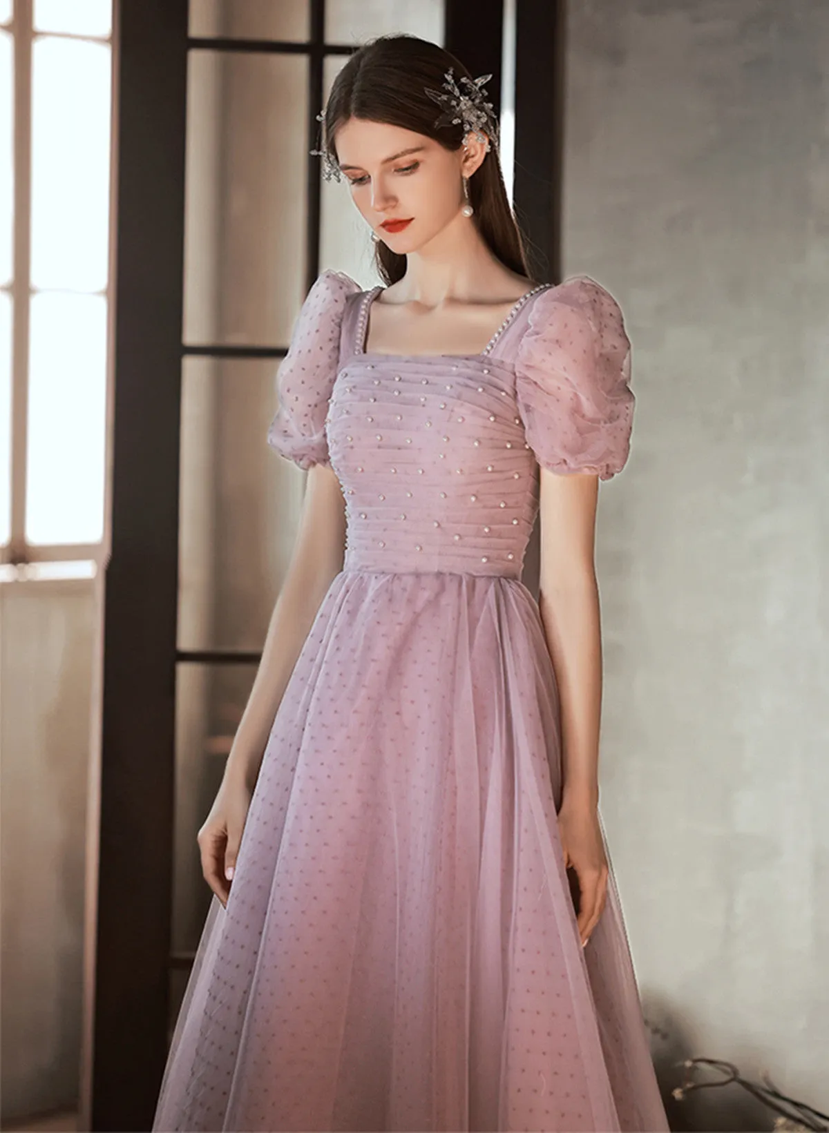 Light Purple Tulle Long Formal Dress, A-line Tulle Short Sleeves Prom Dress