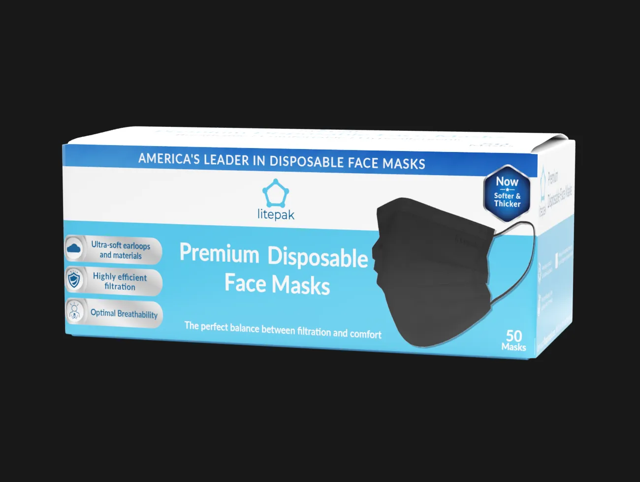 Litepak Premium Disposable Face Masks 3-Ply, Various Colors (50-Pack)
