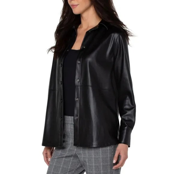 Liverpool Seamed Faux Vegan Button-down Leather Shacket, Black, Size XS