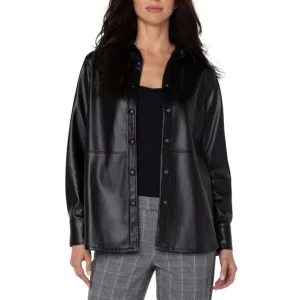 Liverpool Seamed Faux Vegan Button-down Leather Shacket, Black, Size XS