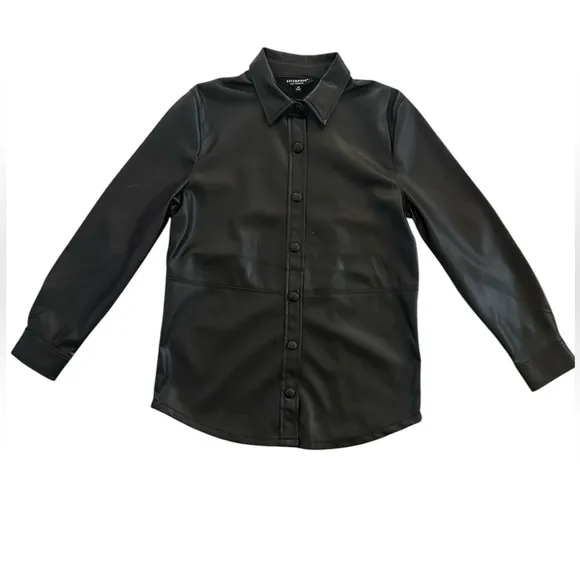 Liverpool Seamed Faux Vegan Button-down Leather Shacket, Black, Size XS