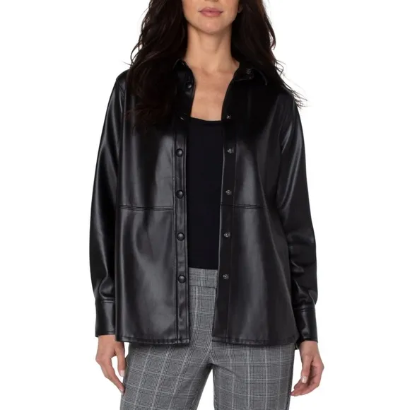 Liverpool Seamed Faux Vegan Button-down Leather Shacket, Black, Size XS